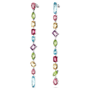 Gema drop earrings Asymmetrical design, Mixed cuts, Extra long, Multicolored, Rhodium plated