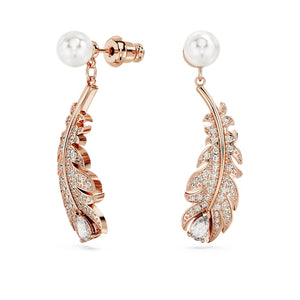 Nice drop earrings Mixed cuts, Feather, White, Rose gold-tone plated