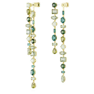 Gema drop earrings Asymmetrical design, Mixed cuts, Extra long, Green, Gold-tone plated