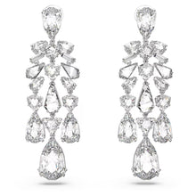 Load image into Gallery viewer, Mesmera clip earrings Mixed cuts, Chandelier, White, Rhodium plated