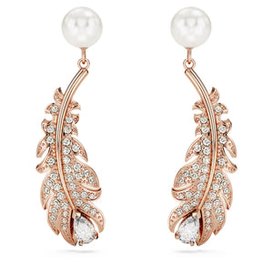 Nice drop earrings Mixed cuts, Feather, White, Rose gold-tone plated