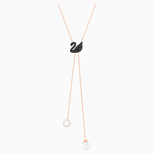 SWAROVSKI ICONIC SWAN Y NECKLACE, BLACK, ROSE-GOLD TONE PLATED