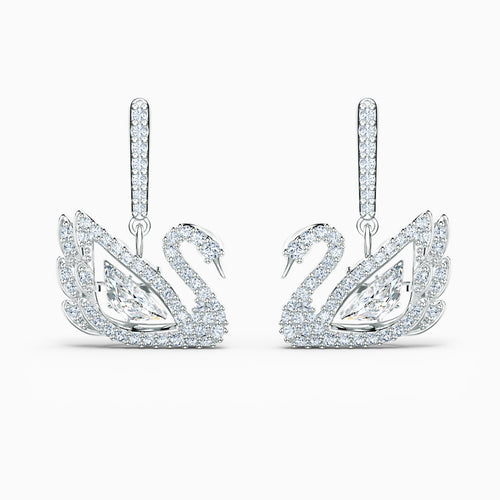 DANCING SWAN PIERCED EARRINGS, WHITE, RHODIUM PLATED