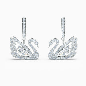 DANCING SWAN PIERCED EARRINGS, WHITE, RHODIUM PLATED