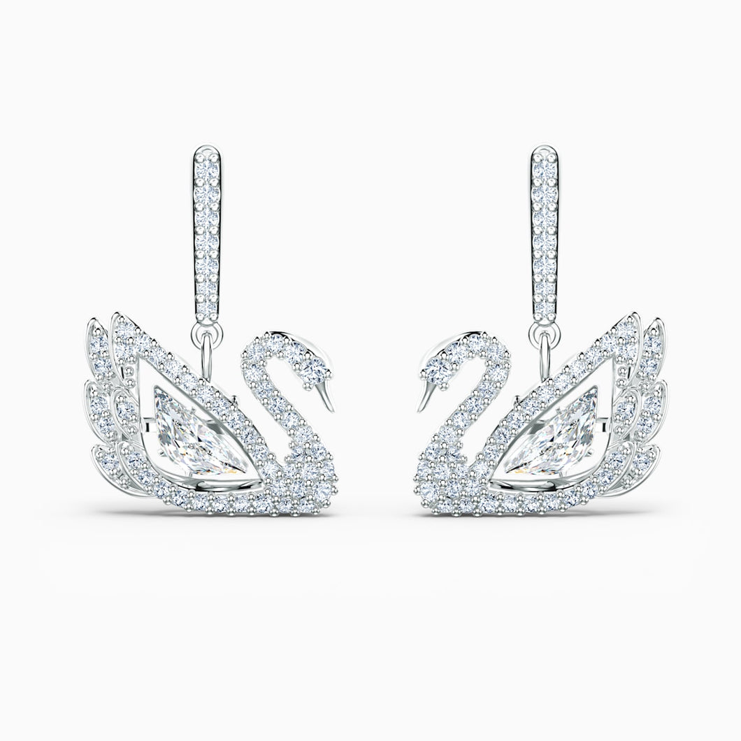 DANCING SWAN PIERCED EARRINGS, WHITE, RHODIUM PLATED