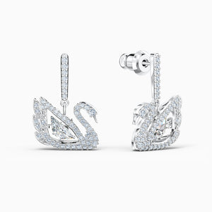 DANCING SWAN PIERCED EARRINGS, WHITE, RHODIUM PLATED