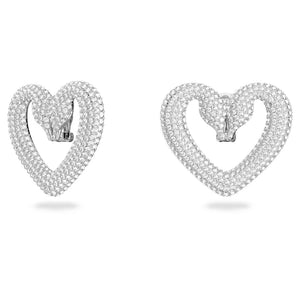 Una clip earrings Heart, Large, White, Rhodium plated