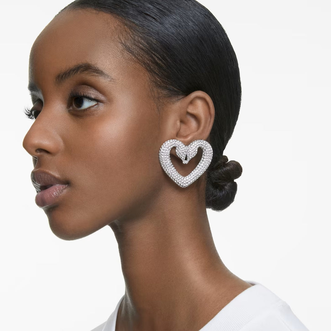 Una clip earrings Heart, Large, White, Rhodium plated