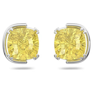 Harmonia stud earrings Cushion cut, Yellow, Rhodium plated